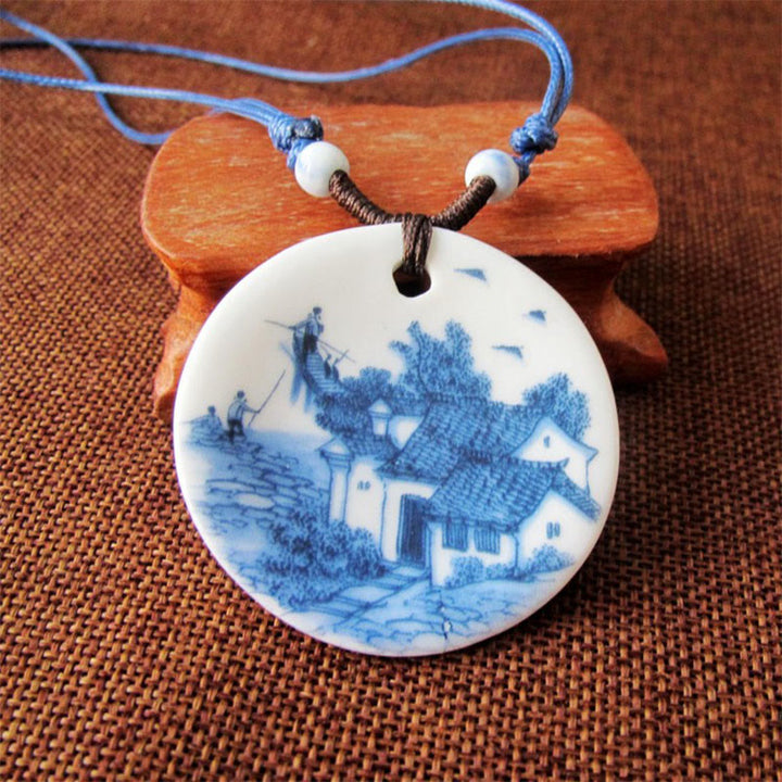 Collier en céramique avec pendentif d'illumination, Buddha Stones, pivoine ethnique, fleurs de pêcher, symbole de lotus - Paysage du village - image 8