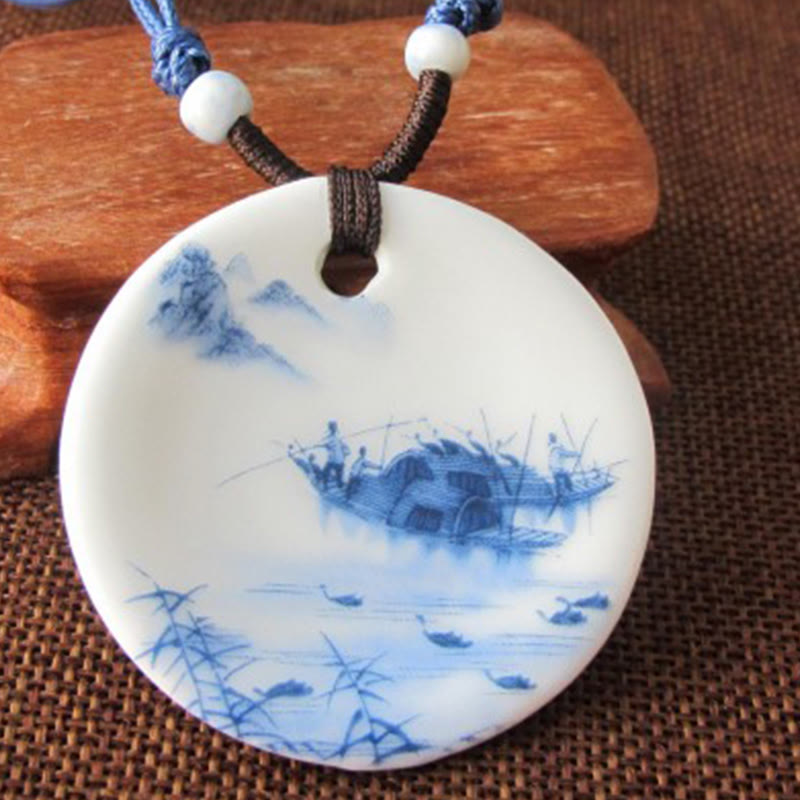 Collier en céramique avec pendentif d'illumination, Buddha Stones, pivoine ethnique, fleurs de pêcher, symbole de lotus - Paysage de bateau sur une rivière brumeuse - image 10