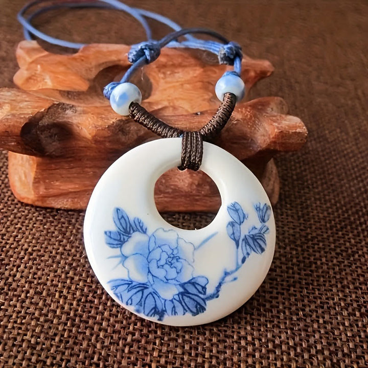 Collier en céramique avec pendentif d'illumination, Buddha Stones, pivoine ethnique, fleurs de pêcher, symbole de lotus - Pivoine - image 0