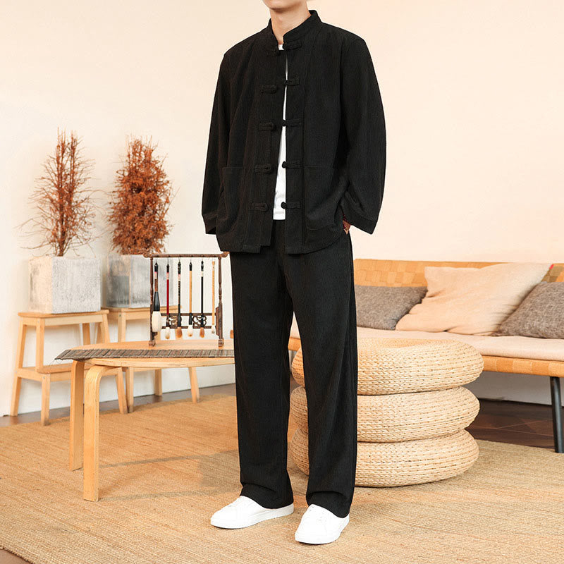 Buddha Stones Ensemble 2 pièces pour homme, chemise à manches longues et pantalon en velours côtelé de coton avec poches - Noir - US/UK/AU46，EU56 (5XL) - image 21