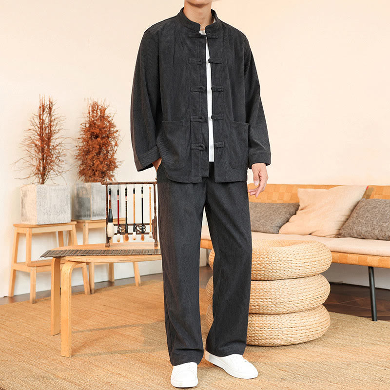 Buddha Stones Ensemble 2 pièces pour homme, chemise à manches longues et pantalon en velours côtelé de coton avec poches - Gris ardoise - US/UK/AU46，EU56 (5XL) - image 9
