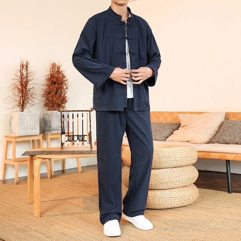 Buddha Stones Ensemble 2 pièces pour homme, chemise à manches longues et pantalon en velours côtelé de coton avec poches - Bleu nuit - US/UK/AU46，EU56 (5XL) - image 29