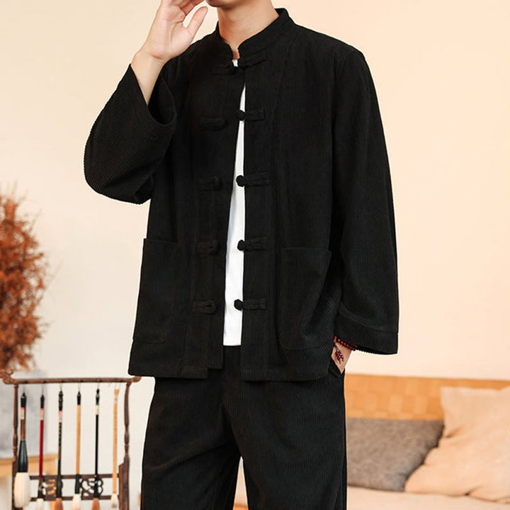 Buddha Stones Ensemble 2 pièces pour homme, chemise à manches longues et pantalon en velours côtelé de coton avec poches - image 27