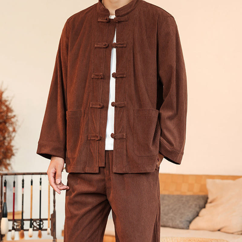 Buddha Stones Ensemble 2 pièces pour homme, chemise à manches longues et pantalon en velours côtelé de coton avec poches - image 7