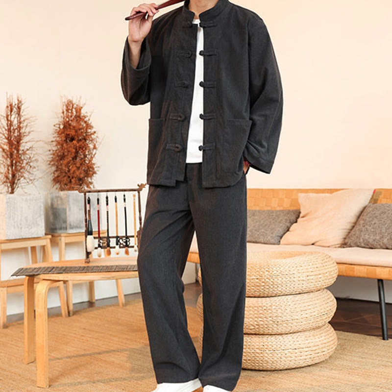 Buddha Stones Ensemble 2 pièces pour homme, chemise à manches longues et pantalon en velours côtelé de coton avec poches - image 14