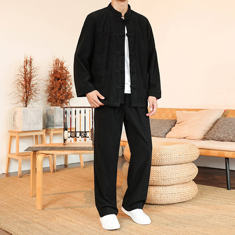 Buddha Stones Ensemble 2 pièces pour homme, chemise à manches longues et pantalon en velours côtelé de coton avec poches - image 23