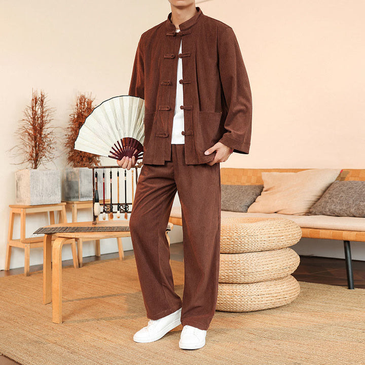 Buddha Stones Ensemble 2 pièces pour homme, chemise à manches longues et pantalon en velours côtelé de coton avec poches - image 6