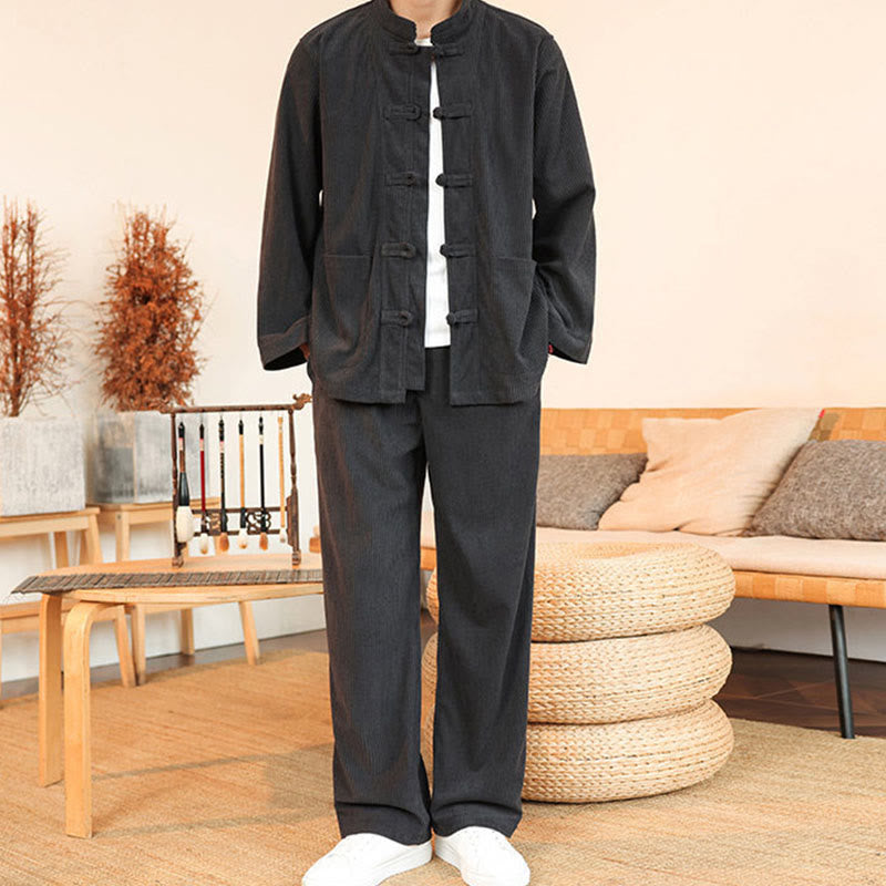Buddha Stones Ensemble 2 pièces pour homme, chemise à manches longues et pantalon en velours côtelé de coton avec poches - image 10