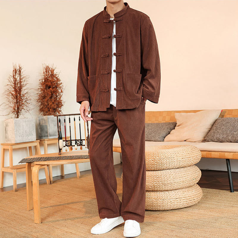 Buddha Stones Ensemble 2 pièces pour homme, chemise à manches longues et pantalon en velours côtelé de coton avec poches - image 1