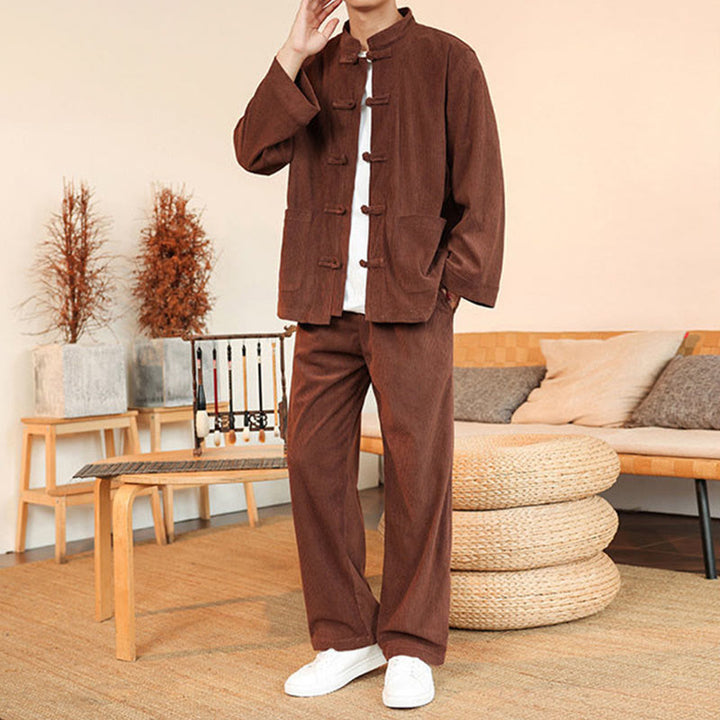 Buddha Stones Ensemble 2 pièces pour homme, chemise à manches longues et pantalon en velours côtelé de coton avec poches - image 2