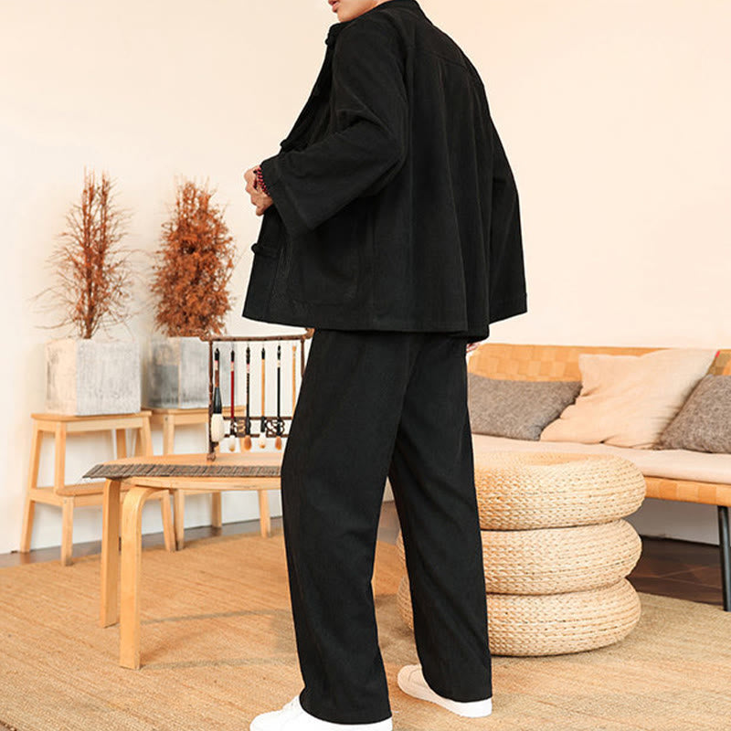 Buddha Stones Ensemble 2 pièces pour homme, chemise à manches longues et pantalon en velours côtelé de coton avec poches - image 24