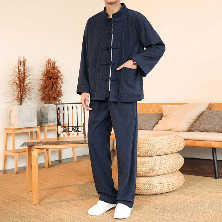 Buddha Stones Ensemble 2 pièces pour homme, chemise à manches longues et pantalon en velours côtelé de coton avec poches - image 31