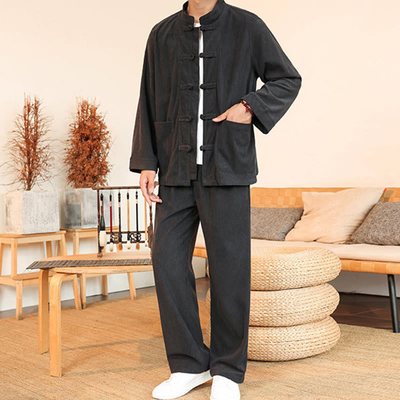 Buddha Stones Ensemble 2 pièces pour homme, chemise à manches longues et pantalon en velours côtelé de coton avec poches - image 12