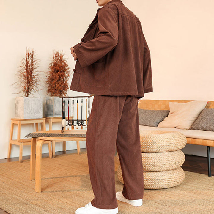 Buddha Stones Ensemble 2 pièces pour homme, chemise à manches longues et pantalon en velours côtelé de coton avec poches - image 3