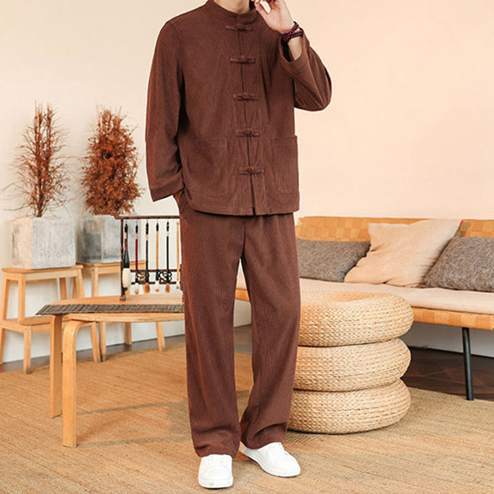 Buddha Stones Ensemble 2 pièces pour homme, chemise à manches longues et pantalon en velours côtelé de coton avec poches - image 4
