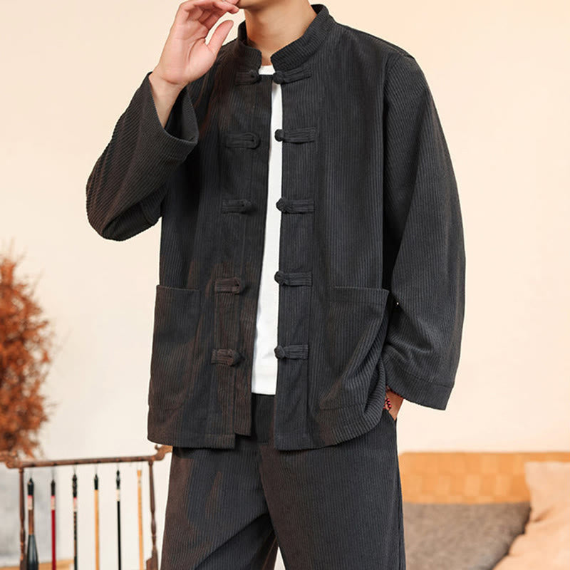 Buddha Stones Ensemble 2 pièces pour homme, chemise à manches longues et pantalon en velours côtelé de coton avec poches - image 15