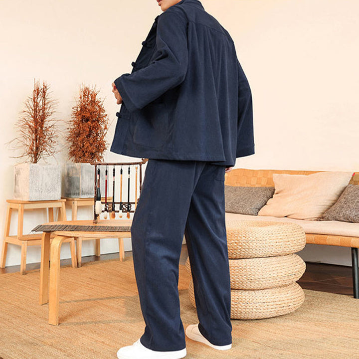 Buddha Stones Ensemble 2 pièces pour homme, chemise à manches longues et pantalon en velours côtelé de coton avec poches - image 32