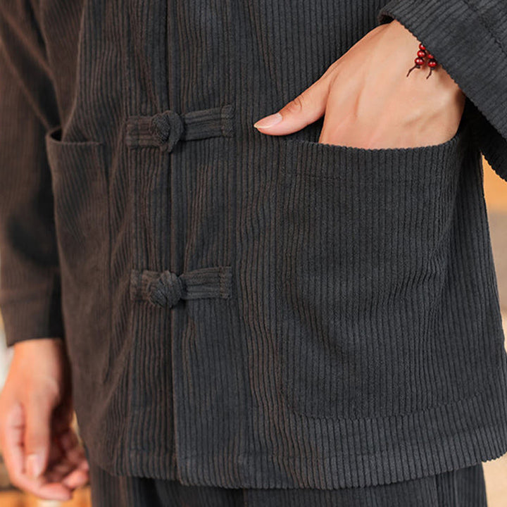 Buddha Stones Ensemble 2 pièces pour homme, chemise à manches longues et pantalon en velours côtelé de coton avec poches - image 18