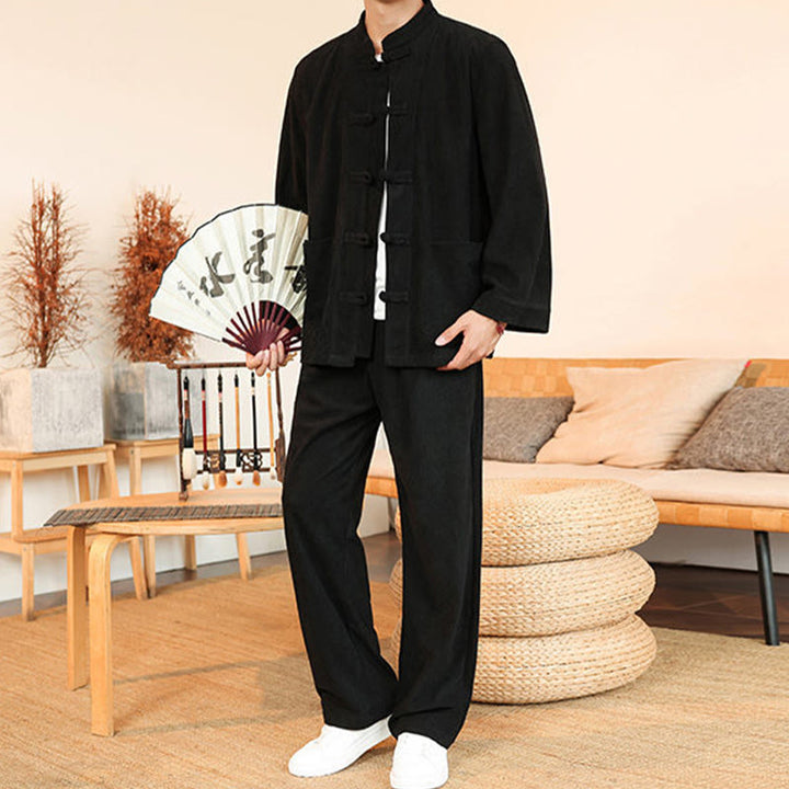 Buddha Stones Ensemble 2 pièces pour homme, chemise à manches longues et pantalon en velours côtelé de coton avec poches - image 26