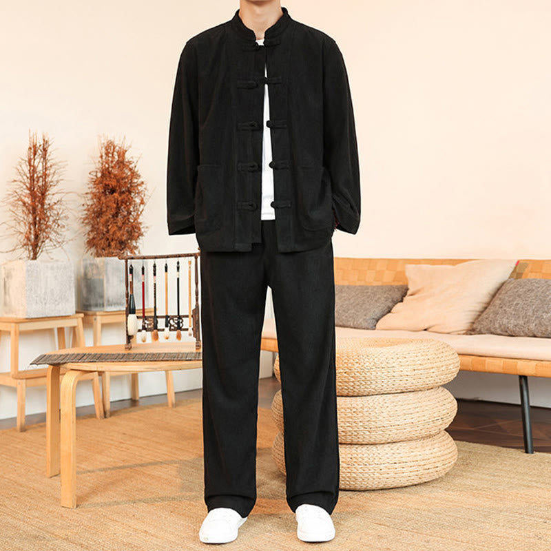 Buddha Stones Ensemble 2 pièces pour homme, chemise à manches longues et pantalon en velours côtelé de coton avec poches - image 22