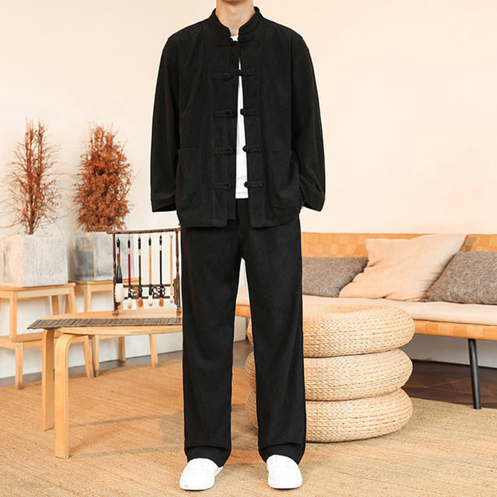 Buddha Stones Ensemble 2 pièces pour homme, chemise à manches longues et pantalon en velours côtelé de coton avec poches - image 22