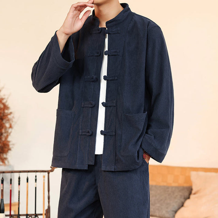 Buddha Stones Ensemble 2 pièces pour homme, chemise à manches longues et pantalon en velours côtelé de coton avec poches - image 35