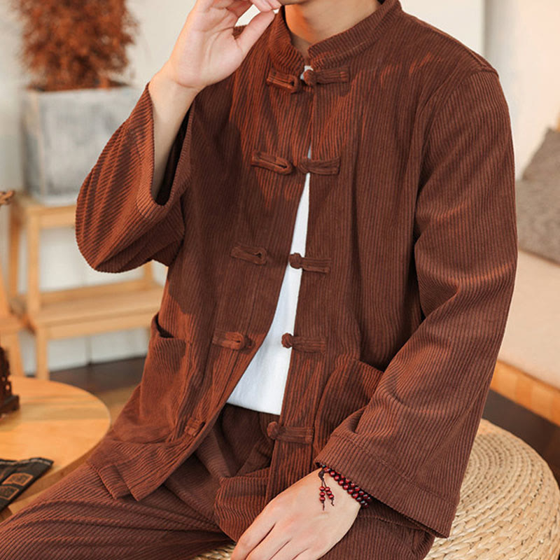 Buddha Stones Ensemble 2 pièces pour homme, chemise à manches longues et pantalon en velours côtelé de coton avec poches - image 8