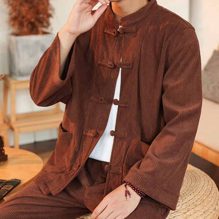 Buddha Stones Ensemble 2 pièces pour homme, chemise à manches longues et pantalon en velours côtelé de coton avec poches - image 8