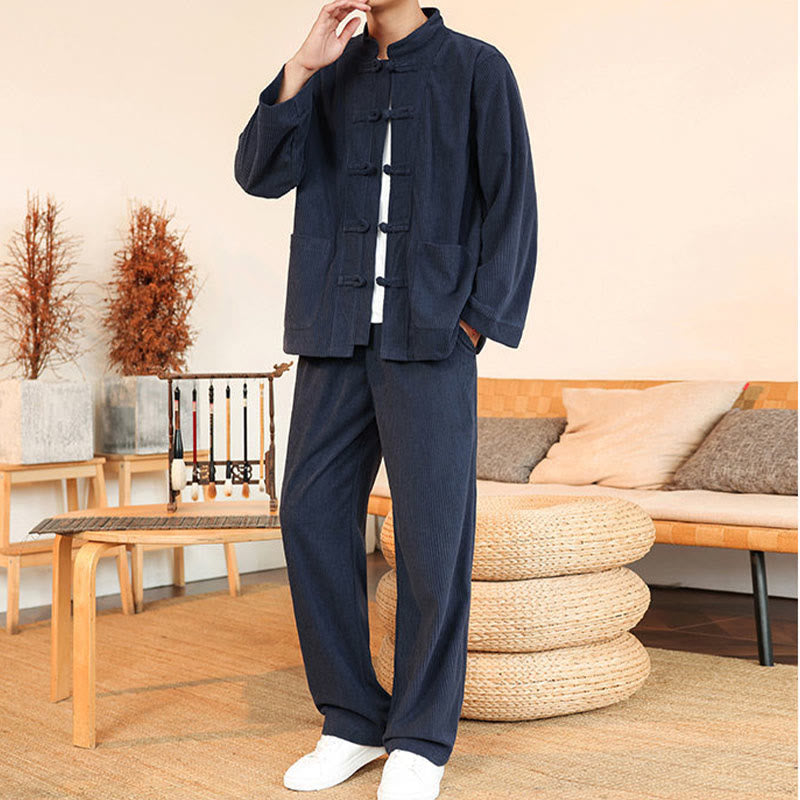 Buddha Stones Ensemble 2 pièces pour homme, chemise à manches longues et pantalon en velours côtelé de coton avec poches - image 33