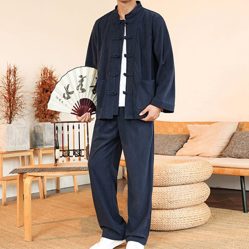Buddha Stones Ensemble 2 pièces pour homme, chemise à manches longues et pantalon en velours côtelé de coton avec poches - image 34