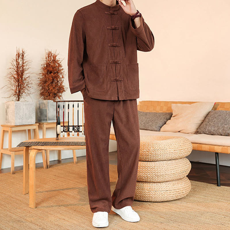Buddha Stones Ensemble 2 pièces pour homme, chemise à manches longues et pantalon en velours côtelé de coton avec poches - image 4