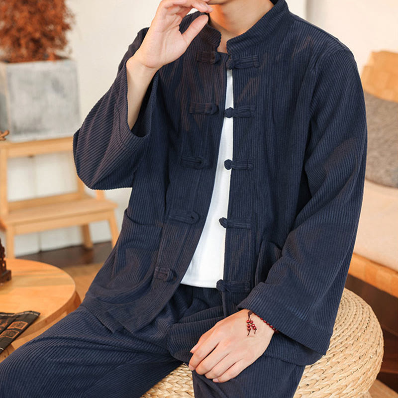 Buddha Stones Ensemble 2 pièces pour homme, chemise à manches longues et pantalon en velours côtelé de coton avec poches - image 36