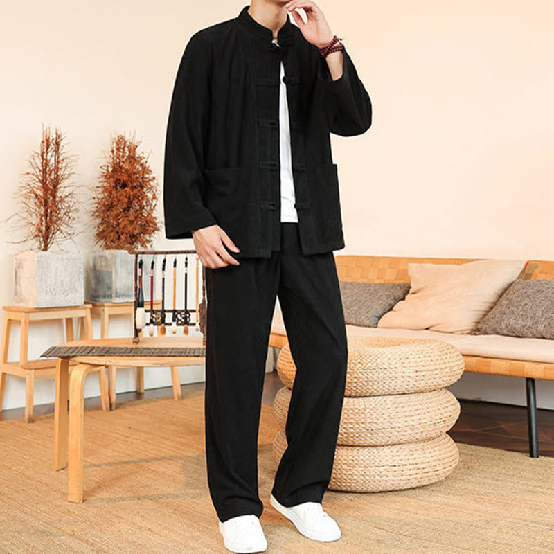 Buddha Stones Ensemble 2 pièces pour homme, chemise à manches longues et pantalon en velours côtelé de coton avec poches - image 25