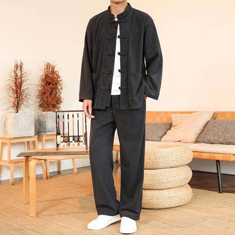 Buddha Stones Ensemble 2 pièces pour homme, chemise à manches longues et pantalon en velours côtelé de coton avec poches - image 11