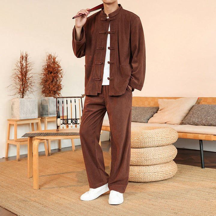 Buddha Stones Ensemble 2 pièces pour homme, chemise à manches longues et pantalon en velours côtelé de coton avec poches - image 5