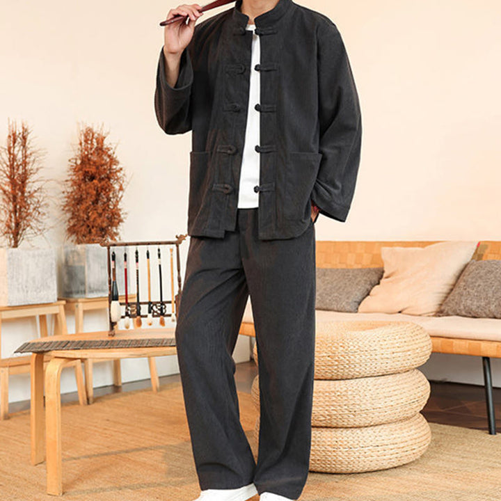 Buddha Stones Ensemble 2 pièces pour homme, chemise à manches longues et pantalon en velours côtelé de coton avec poches - image 14