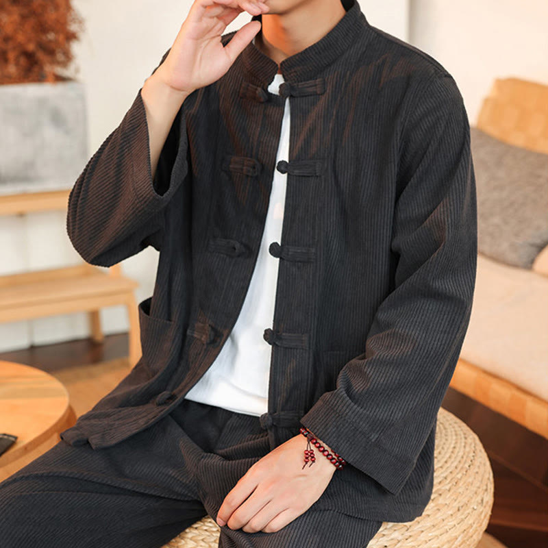Buddha Stones Ensemble 2 pièces pour homme, chemise à manches longues et pantalon en velours côtelé de coton avec poches - image 16
