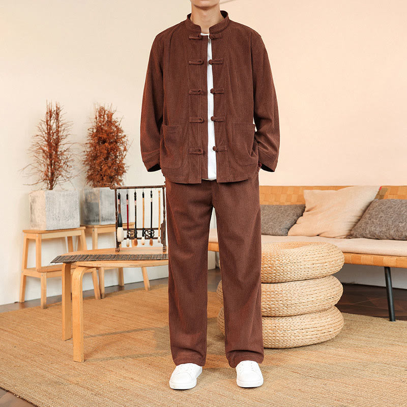 Buddha Stones Ensemble 2 pièces pour homme, chemise à manches longues et pantalon en velours côtelé de coton avec poches - Chocolat - US/UK/AU46，EU56 (5XL) - image 0