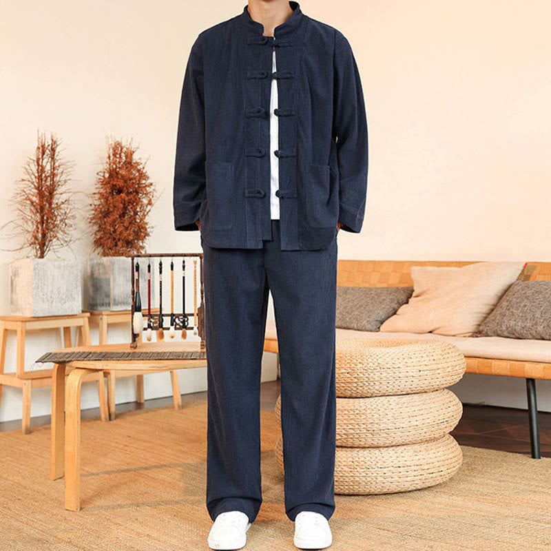 Buddha Stones Ensemble 2 pièces pour homme, chemise à manches longues et pantalon en velours côtelé de coton avec poches - image 30