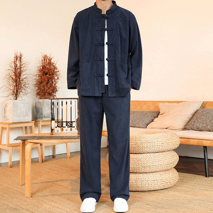Buddha Stones Ensemble 2 pièces pour homme, chemise à manches longues et pantalon en velours côtelé de coton avec poches - image 30