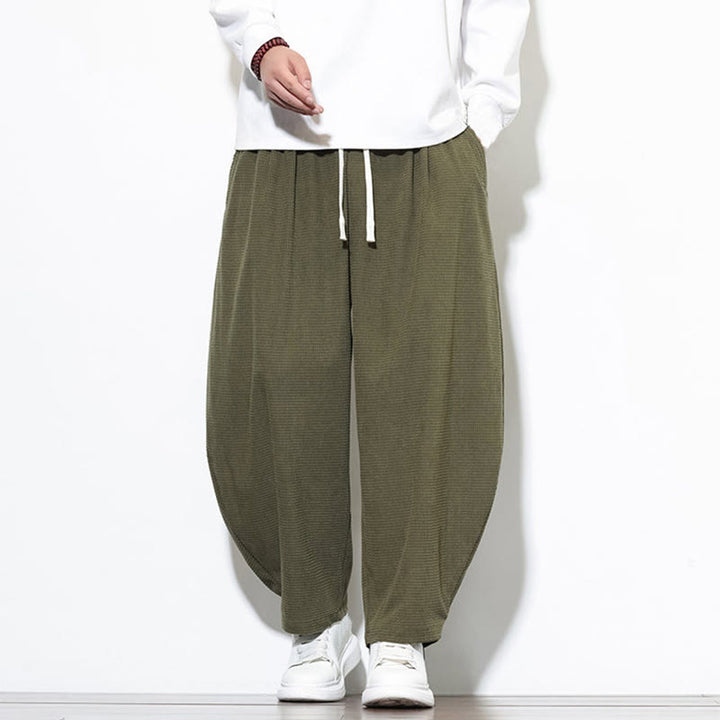 Pantalon sarouel Buddha Stones pour homme, uni, en pur coton côtelé, longueur cheville, avec poches - Vert olive - US/UK/AU46，EU56 (5XL) - image 0
