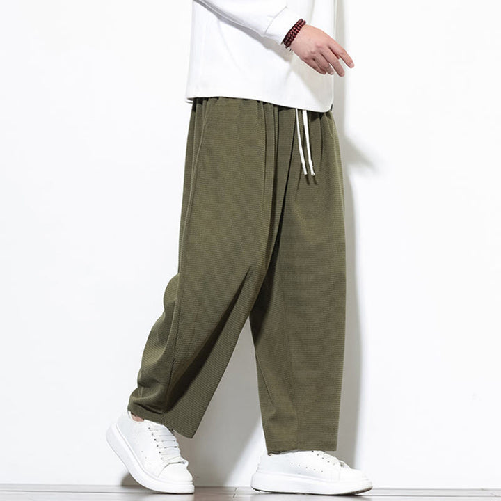 Pantalon sarouel Buddha Stones pour homme, uni, en pur coton côtelé, longueur cheville, avec poches - image 2