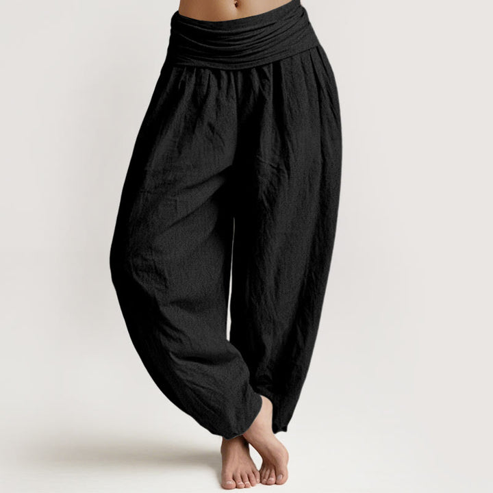 Pantalon sarouel noir uni en pur coton pour femme avec taille élastique Buddha Stones - Noir - US16，UK/AU20，EU48 (3XL) - image 0
