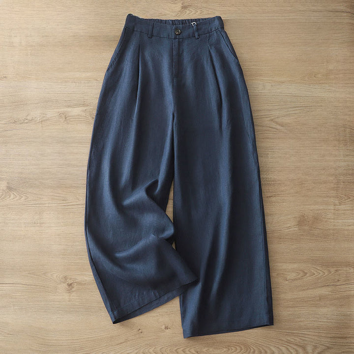 Pantalon large boutonné en coton uni avec poches pour femme Buddha Stones - Bleu foncé - US8-10，UK/AU12-14，EU40-42 (2XL) - image 0