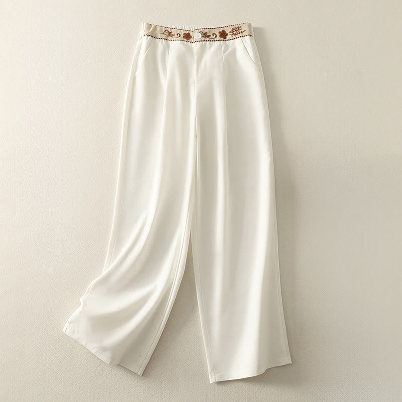 Pantalon large en polyester avec poches et motif brodé de Buddha Stones pour femme - Neige - US12，UK/AU16，EU44 (2XL) - image 1