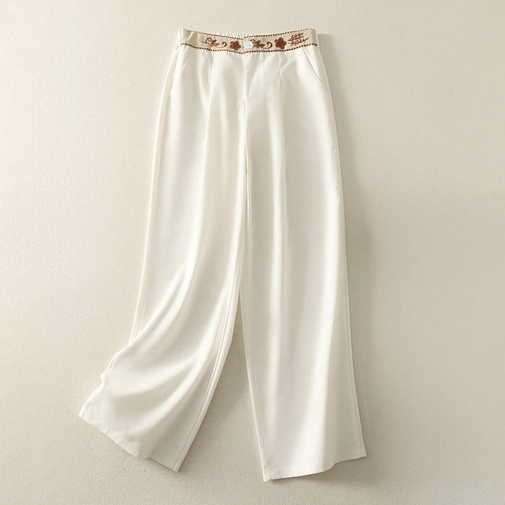 Pantalon large en polyester avec poches et motif brodé de Buddha Stones pour femme - Neige - US12，UK/AU16，EU44 (2XL) - image 1