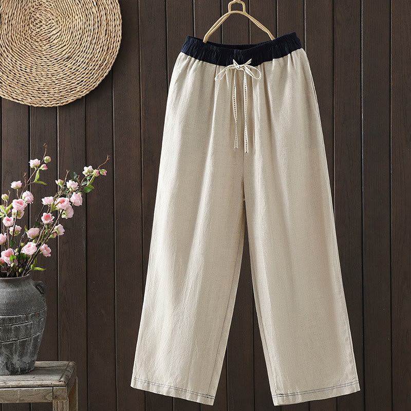 Pantalon droit décontracté en coton avec poches pour femme, motif Buddha Stones, avec cordon de serrage coloré - Lin - US8-10，UK/AU12-14，EU40-42 (2XL) - image 0
