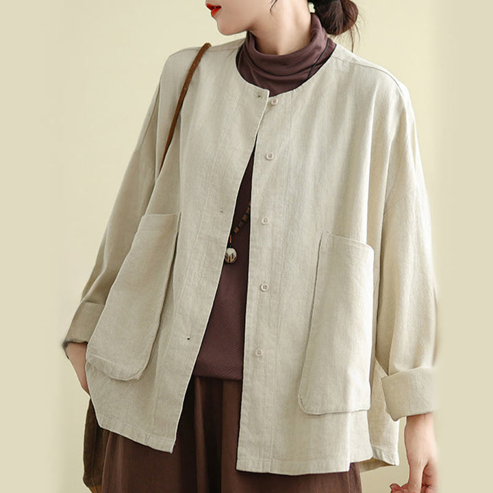 Veste en coton à manches longues et col ras du cou pour femme Buddha Stones avec poches - image 4