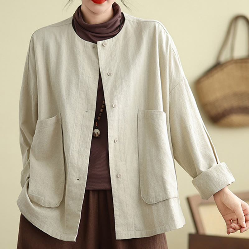 Veste en coton à manches longues et col ras du cou pour femme Buddha Stones avec poches - Beige - US14，UK/AU18，EU46 (2XL) - image 0