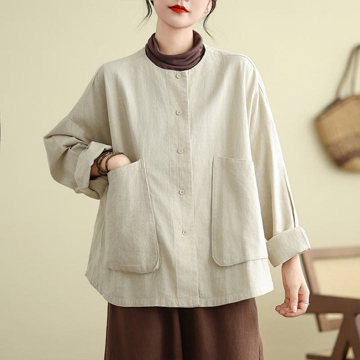 Veste en coton à manches longues et col ras du cou pour femme Buddha Stones avec poches - image 1